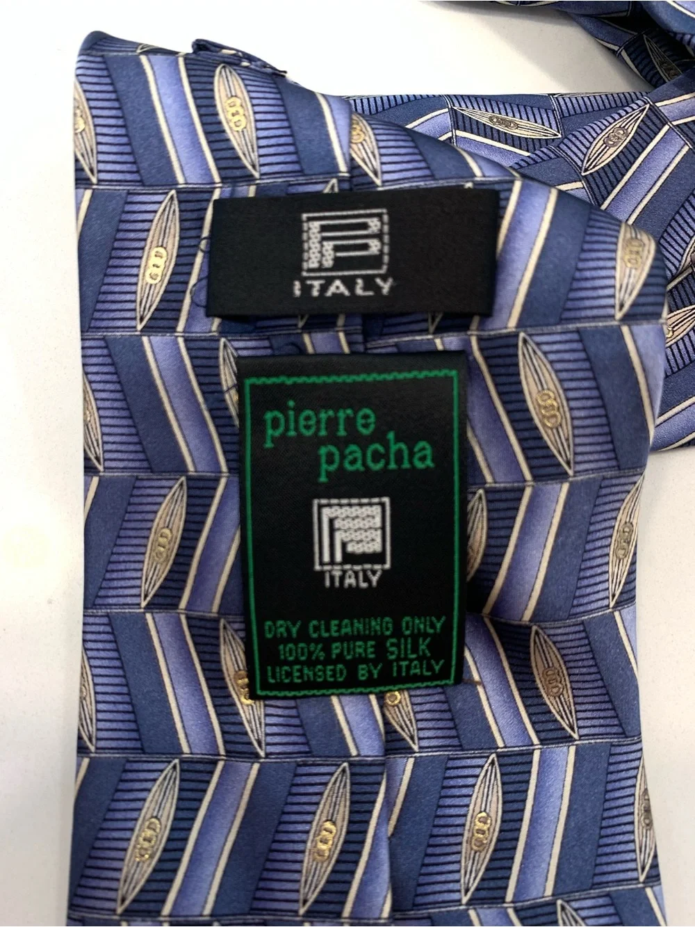 Pierre Pacha Italian Silk Tie Blue Metallic Geometric Design L: 58